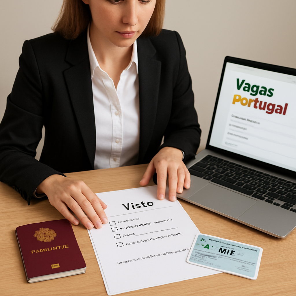 A professional sitting at a desk with Portuguese documents spread out – passport, visa, NIF card, and a laptop showing the Vagas Portugal website. Alt: documentos necessários para trabalhar em portugal, checklist de vistos e números fiscais.