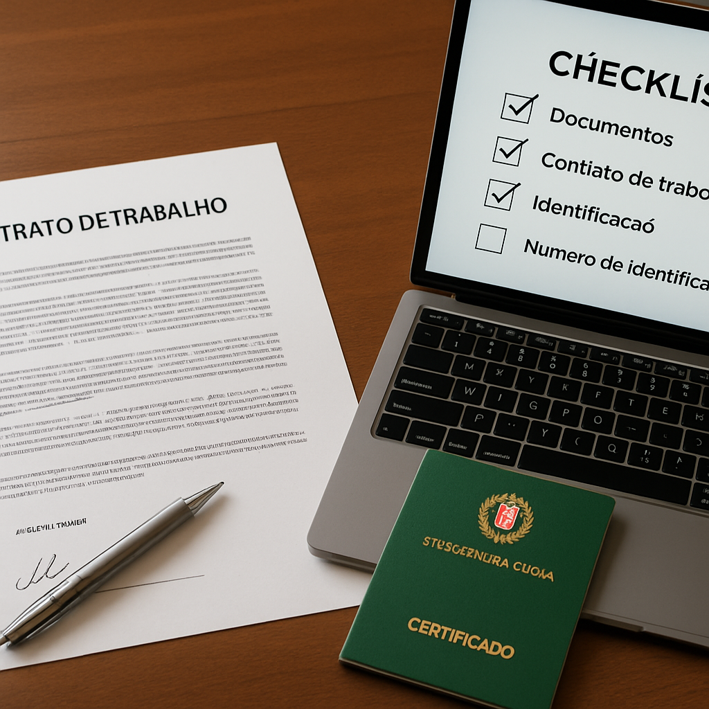 A desk with a signed employment contract, a Portuguese Social Security certificate, and a laptop displaying a checklist. Alt: documentos necessários para trabalhar em portugal - contrato de trabalho e empresa