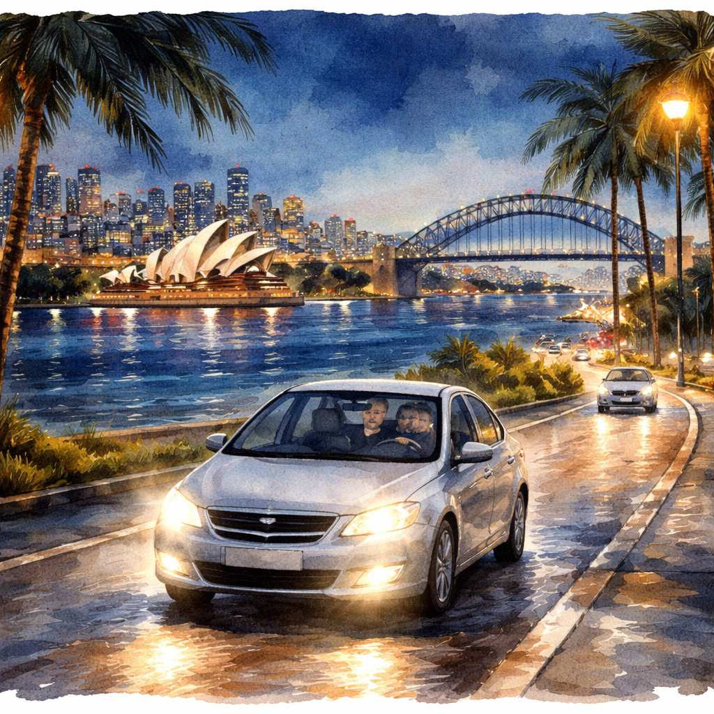 A watercolor painting of a Sydney waterfront at night, showing a car on a road with clear headlights and a driver looking relaxed, emphasizing improved night vision after cataract surgery. Alt: Night vision improvement after cataract surgery watercolor illustration.