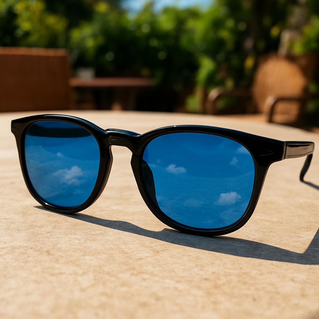 A close‑up of a stylish pair of prescription sunglasses on a sunny patio table, with the lenses reflecting a bright blue sky. Alt: prescription sunglasses coverage guide illustration focusing on lens allowance and frame costs.