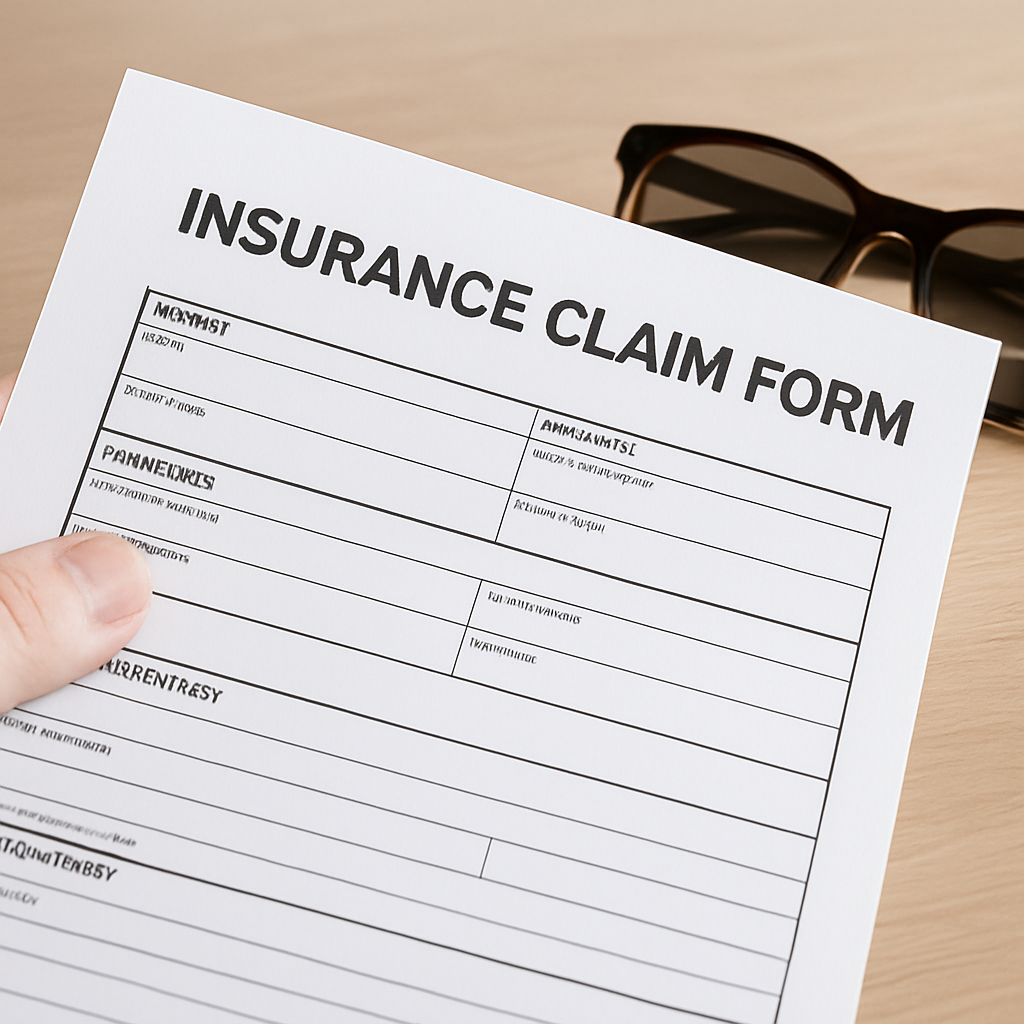 A close‑up of a hand holding a completed insurance claim form next to a pair of prescription sunglasses on a kitchen table. Alt: Steps to submit a claim for prescription sunglasses.