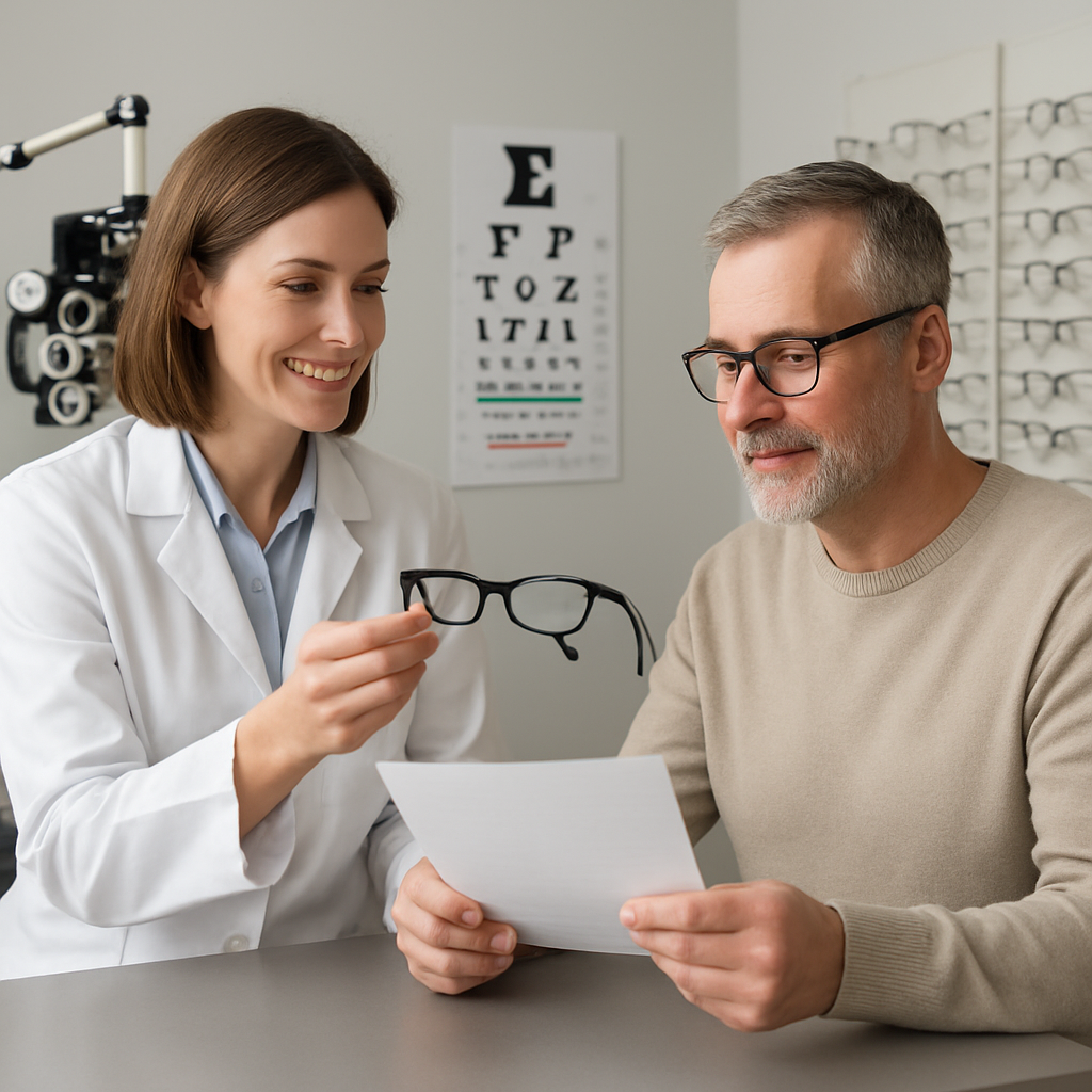A professional eye clinic interior with a patient reviewing prescription glasses. Alt: Patient receiving a prescription for adult glasses