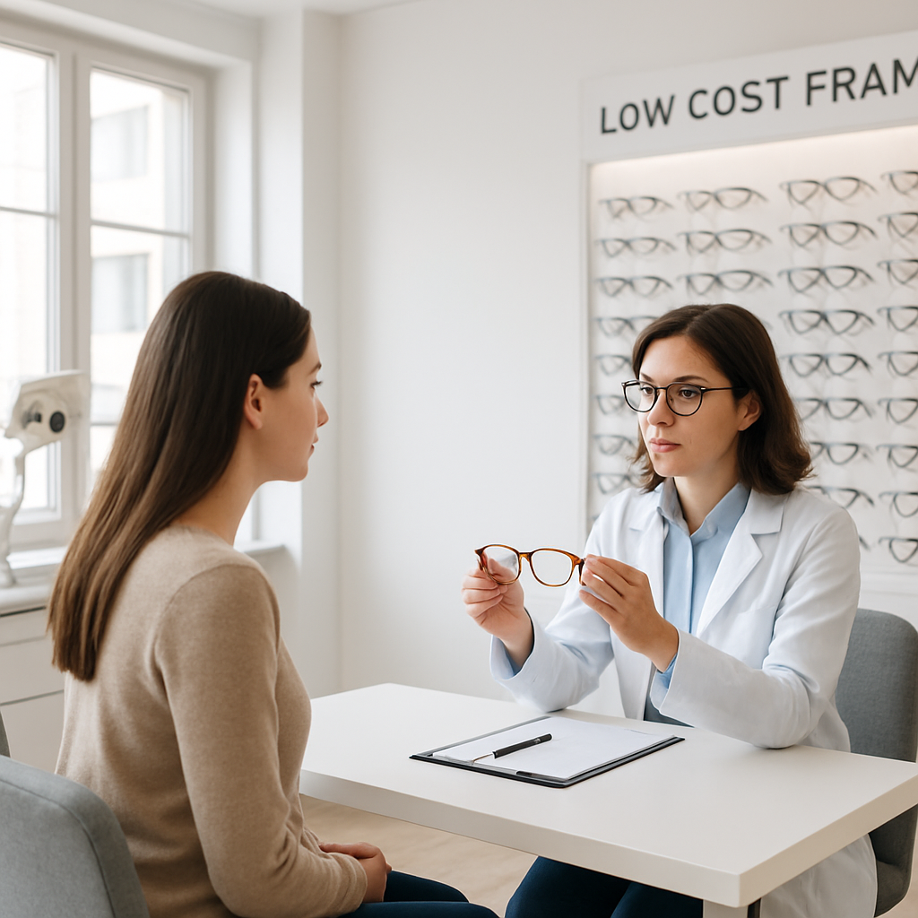 A calm, modern eyewear clinic interior with a patient consulting an optometrist, bright natural lighting, and a display of low‑cost frames. Alt: Patient in an eye clinic looking at low-cost frames.