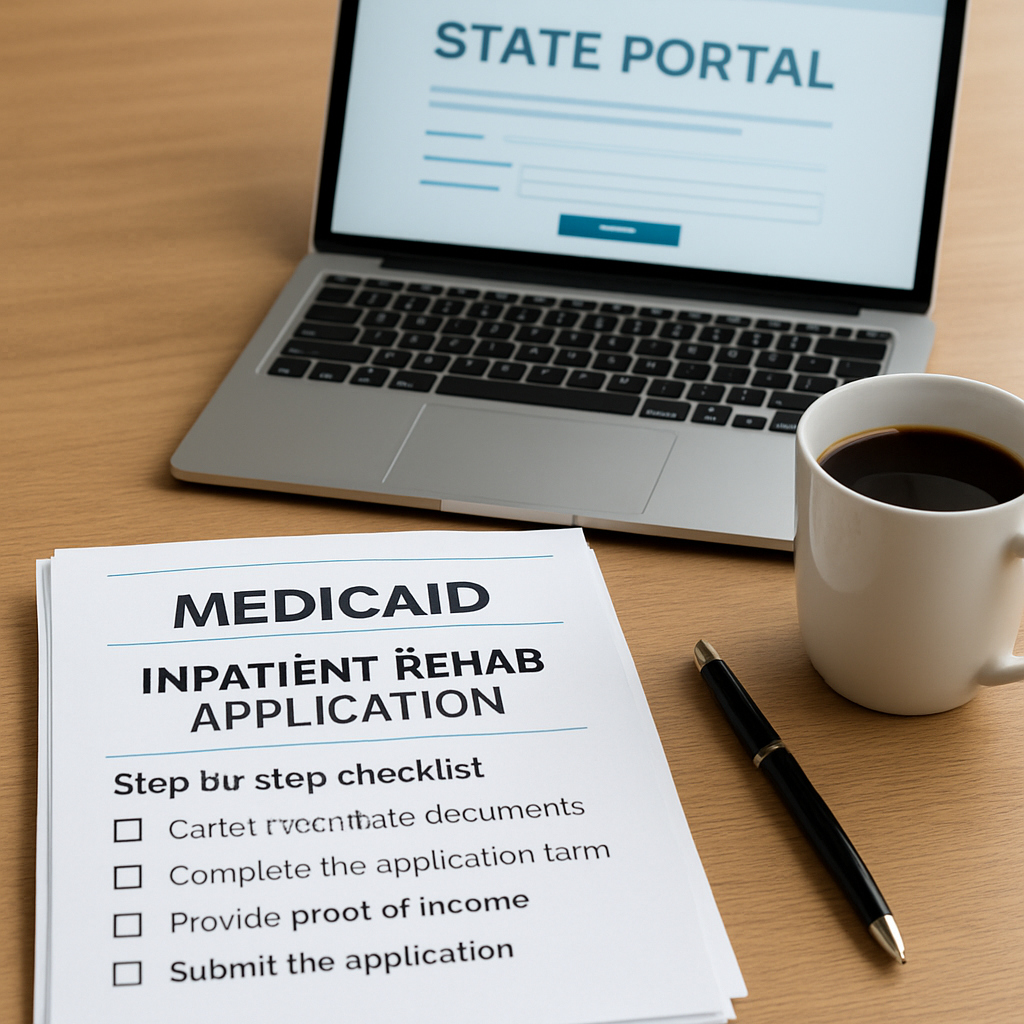 A friendly, organized workspace with a stack of Medicaid forms, a laptop showing a state portal, a coffee mug, and a pen, emphasizing a step‑by‑step checklist. Alt: Step‑by‑step Medicaid inpatient rehab application checklist workspace