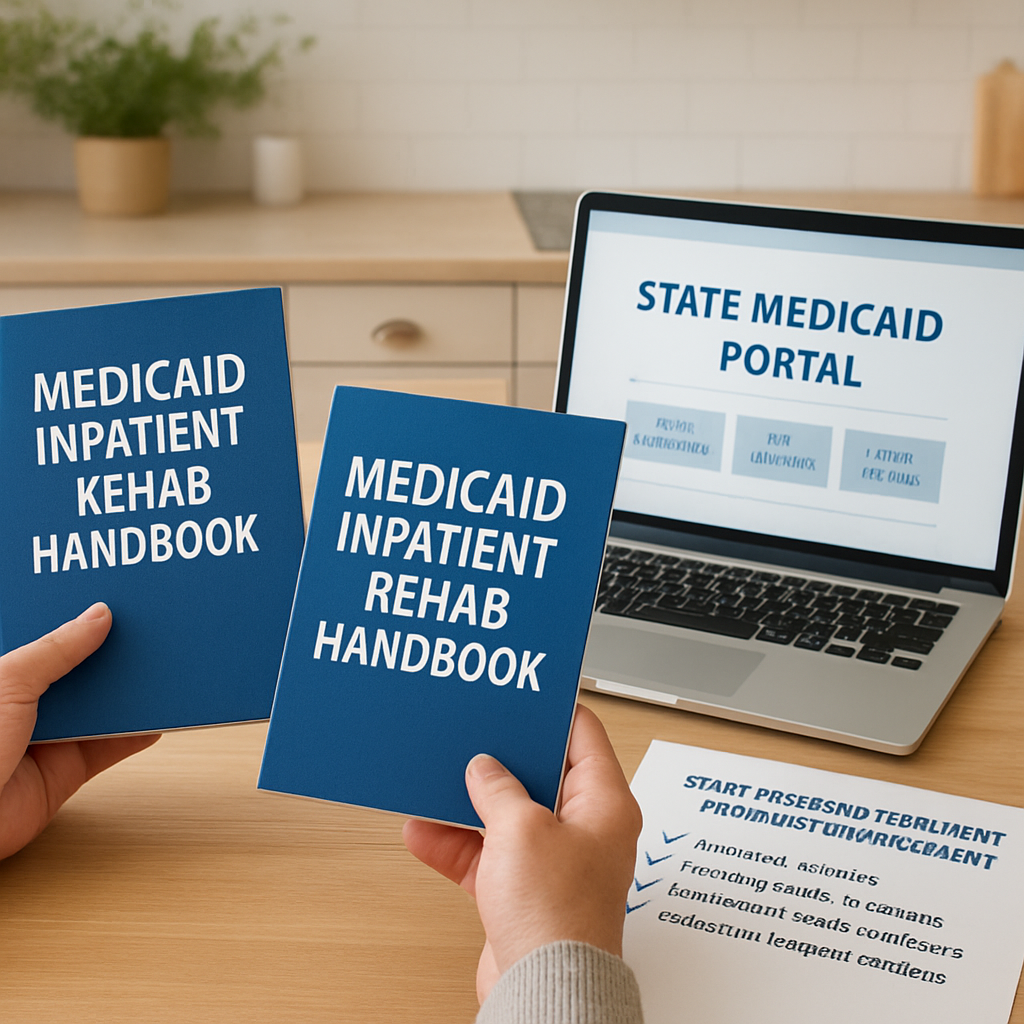 A person at a kitchen table comparing two state Medicaid handbooks and a laptop with a state portal open, friendly organized workspace. Alt: State Medicaid inpatient rehab comparison checklist on a table