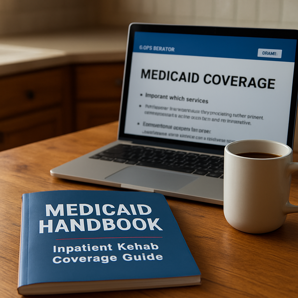 A comforting kitchen table scene with Medicaid handbook, laptop showing a state portal, and a coffee mug, representing families researching inpatient rehab coverage. Alt: Medicaid inpatient rehab coverage guide with handbook and laptop.