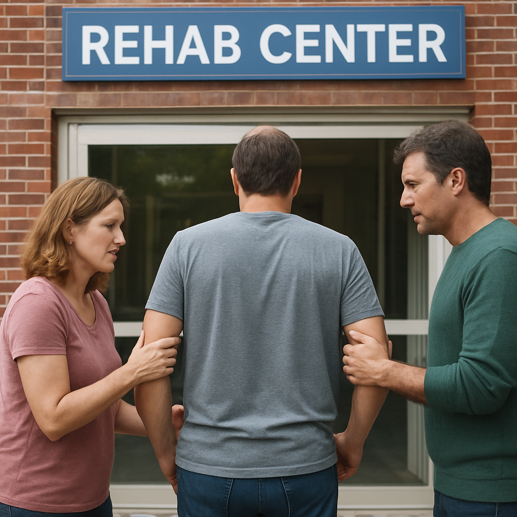 A compassionate scene of a family supporting a loved one entering a rehab center, showing hope and care. Alt: Medicaid rehab eligibility support image