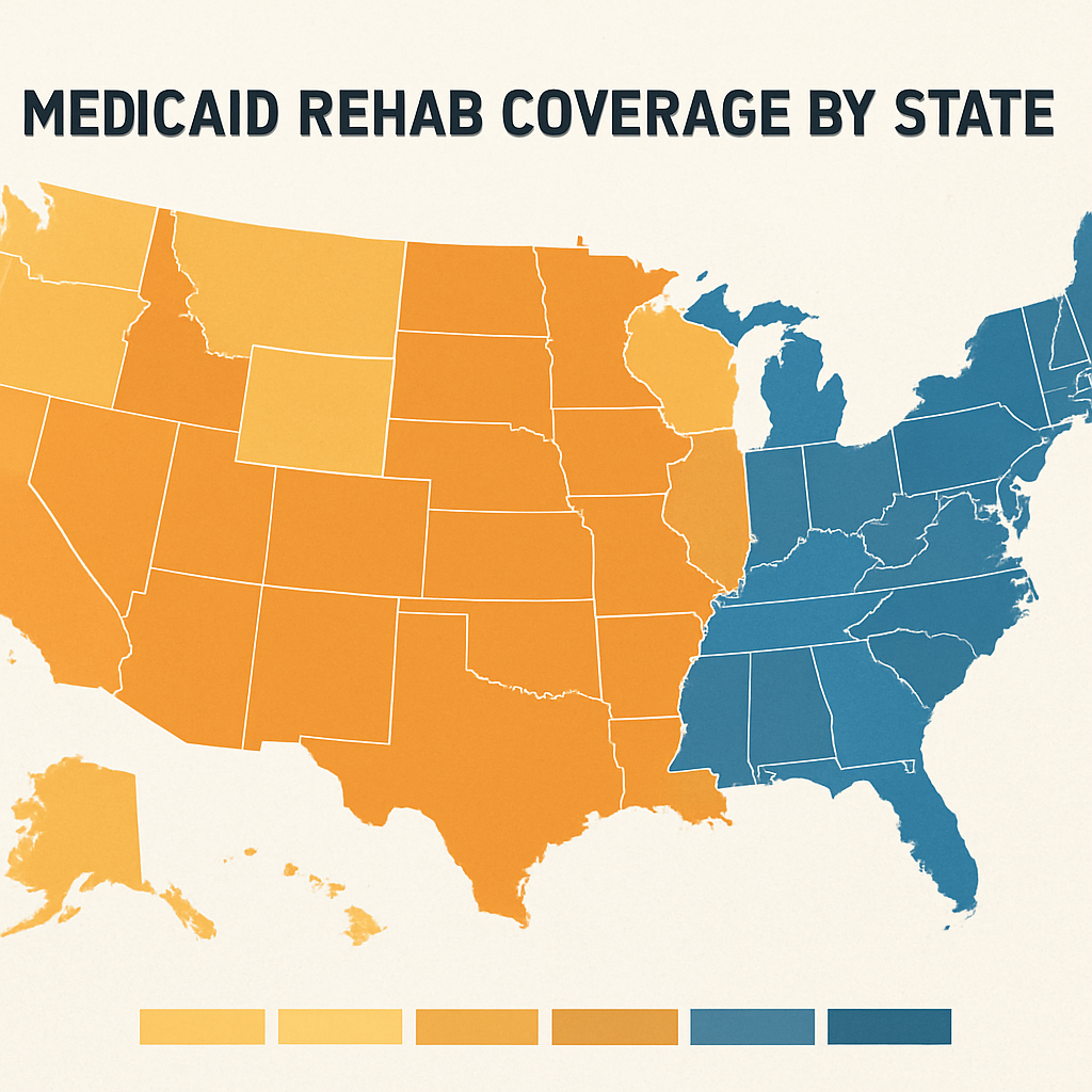 A map of the United States with each state highlighted in a different shade to represent varying levels of Medicaid rehab coverage. Alt: State‑by‑State Medicaid rehab coverage variations map showing coverage intensity.