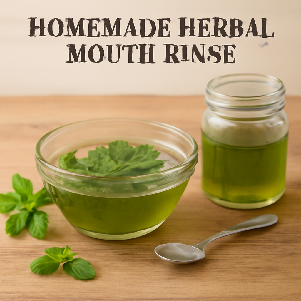 A bowl of homemade herbal mouth rinse with fresh mint leaves, a glass jar, and a small spoon on a wooden counter. Alt: Homemade herbal mouth rinse illustration.