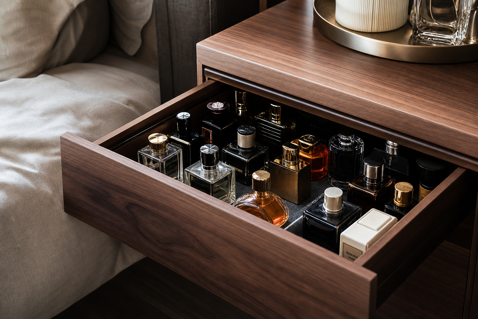 A realistic photo of perfume bottles stored neatly inside a wooden drawer, partially closed, in a cool bedroom setting with soft natural light and no direct sunlight visible. Alt: how to store perfume to make it last longer.