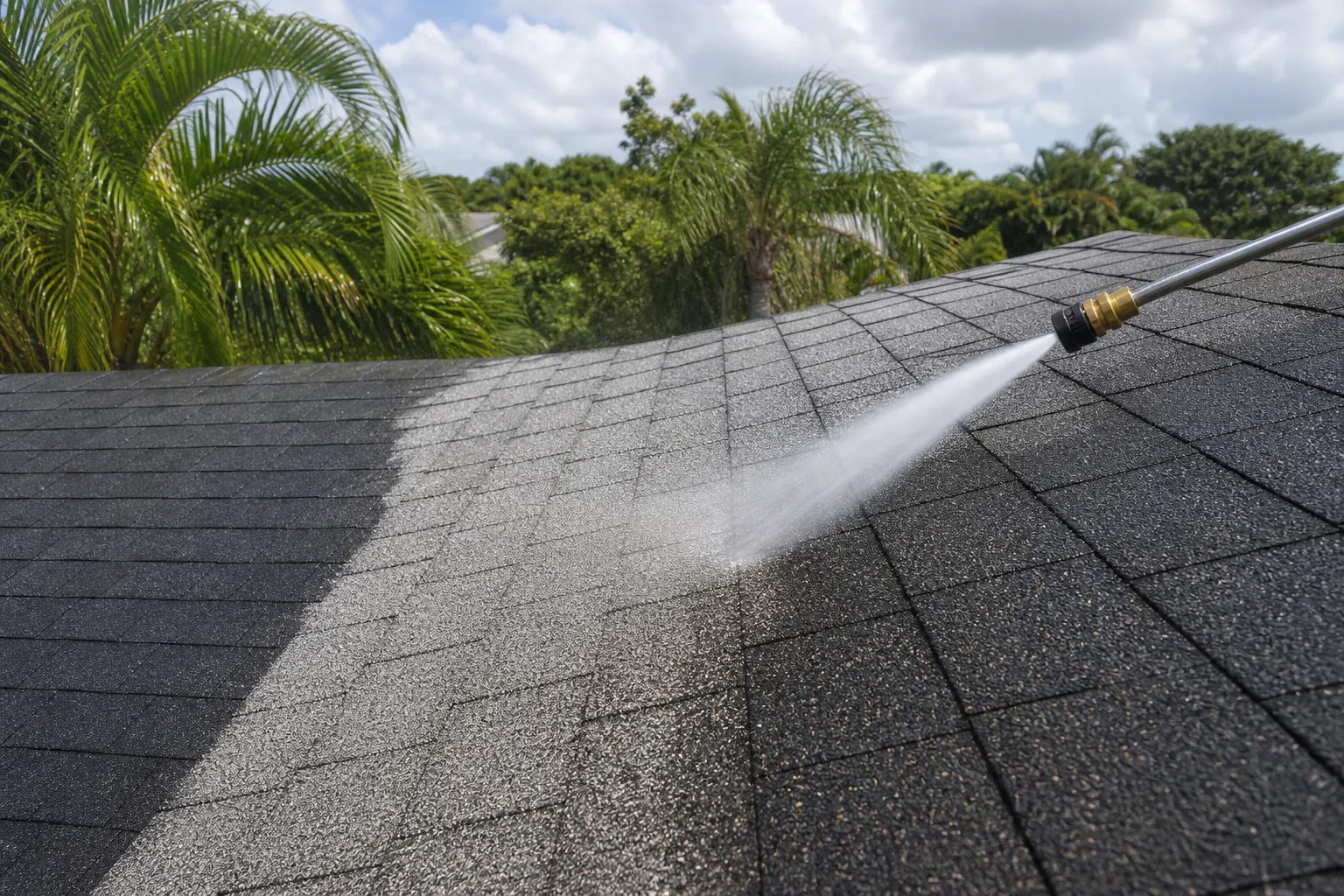 high-pressure roof cleaning damage to asphalt shingle granules