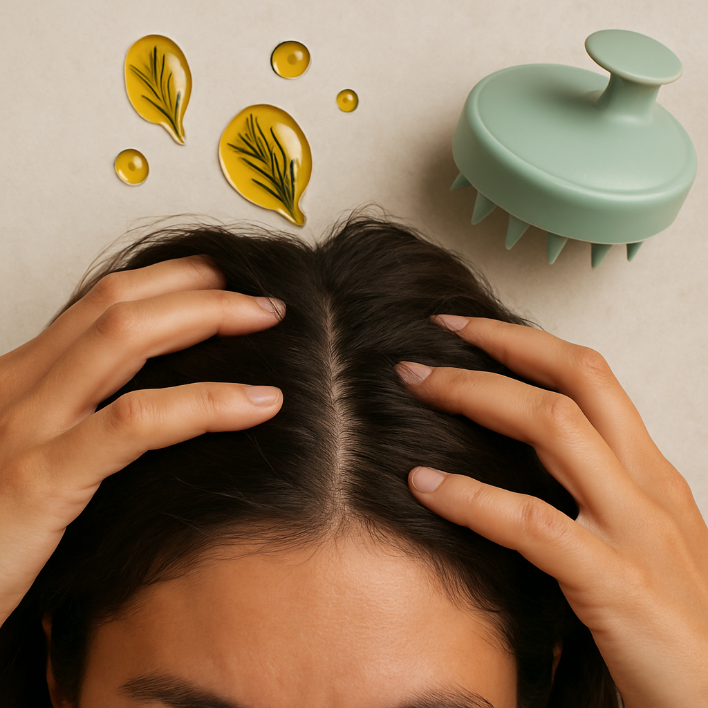 A close‑up of a person gently massaging their scalp with fingertips, surrounded by a few drops of rosemary‑infused oil and a silicone brush nearby. Alt: Scalp massage and complementary hair‑growth practices.