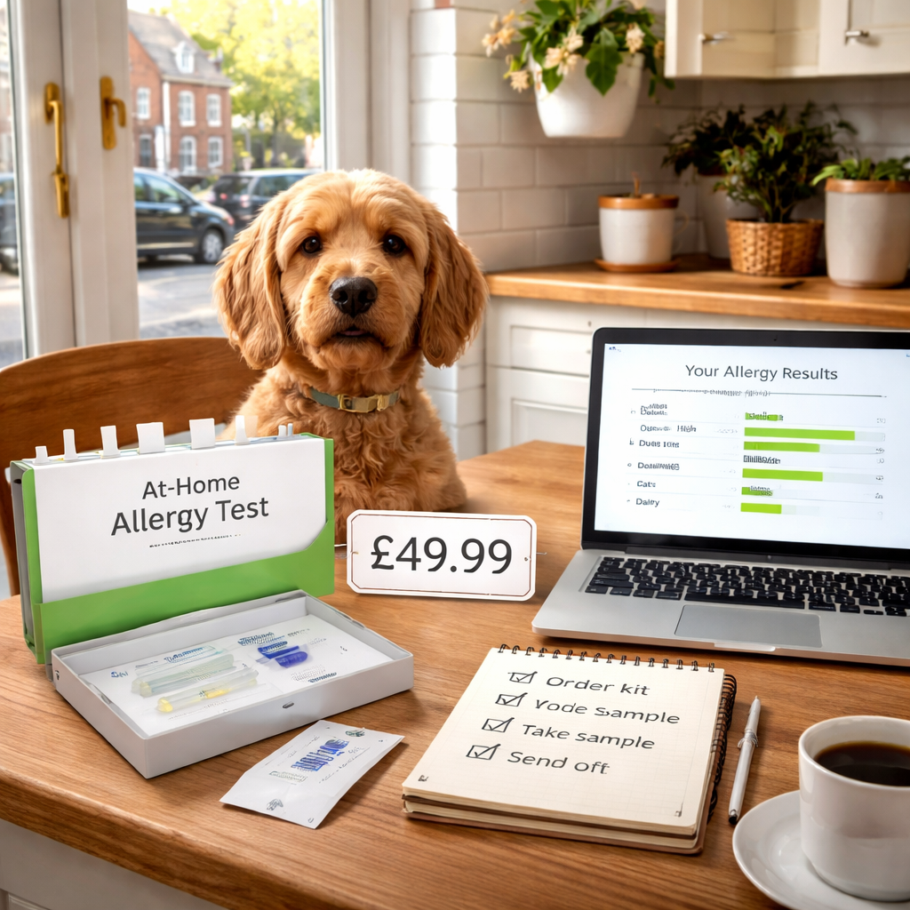 A photorealistic, realism-style scene of a British kitchen table with a dog, an at-home allergy test kit, a price tag, a notebook with checkmarks, and a laptop showing a simple results report. Alt: dog allergy test price uk planning at-home test in a UK kitchen.