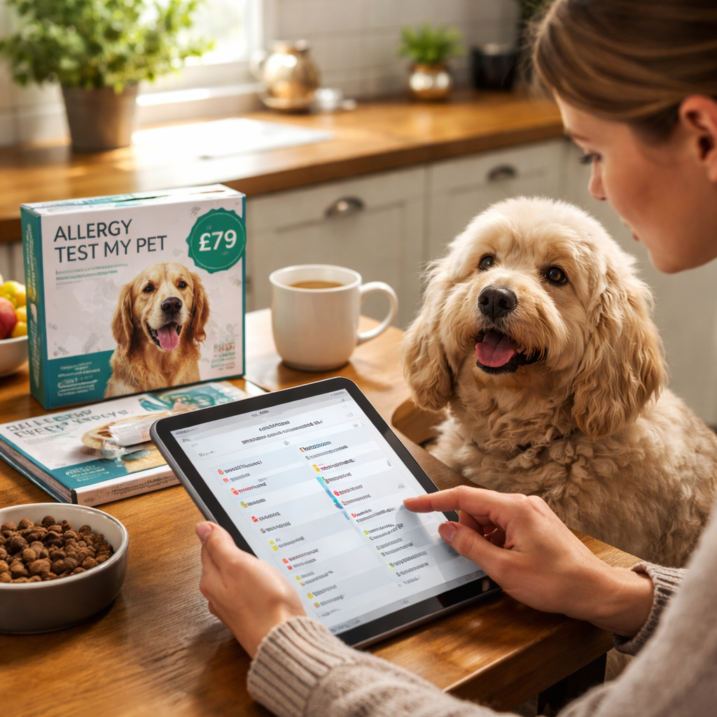A photorealistic scene in a cosy UK kitchen showing a dog and owner reviewing a dog allergy test report on a tablet, with packaging and price cues visible, warm daylight, a cup of tea in the background, and a calm, content dog beside a bowl.
