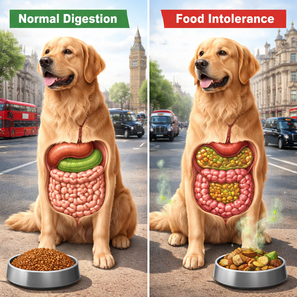 A side-by-side comparison illustration showing a dog's digestive system with normal digestion on one side and food intolerance reaction on the other, highlighting inflammation and gas buildup in the intestines. Alt: dog food intolerance digestive system comparison showing gas buildup and inflammation in UK pets