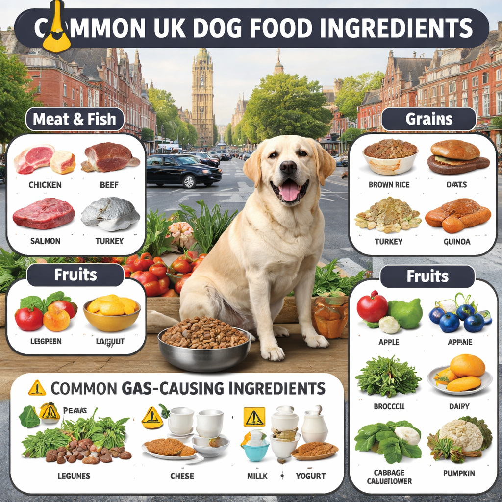 A detailed infographic showing common UK dog food ingredients arranged in categories, with warning symbols next to known gas-causing ingredients like legumes, dairy, and certain vegetables. Alt: UK dog food intolerance triggers infographic showing beans peas dairy and vegetables causing gas in dogs