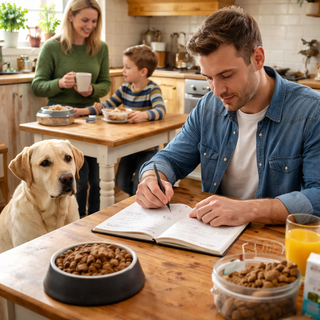 A photorealistic scene of a British family in a cosy kitchen, their Labrador looking at a bowl of dog food while the owner notes a food diary on a notepad. Alt: Dog diarrhea caused by food intolerance UK – owner tracking meals and stool.