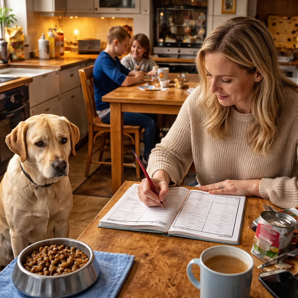 A photorealistic scene of a British family in a cosy kitchen, a Labrador looking at a bowl of dog food while the owner writes a food diary on a notepad. Alt: Dog diarrhea caused by food intolerance UK – owner tracking meals and stool.