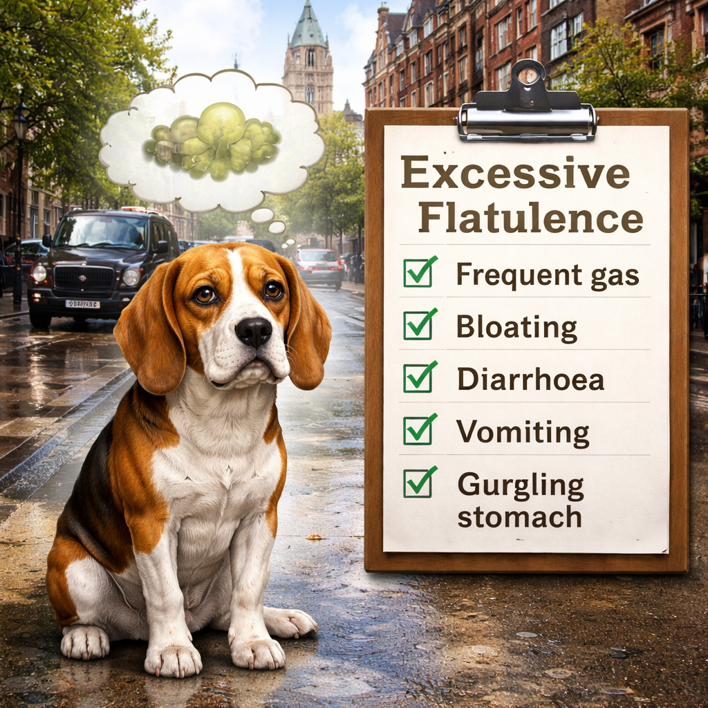 A realistic illustration of a dog with a thought bubble showing a cloud of gas and a checklist of symptoms. Alt: dog excessive flatulence food intolerance uk symptoms chart.