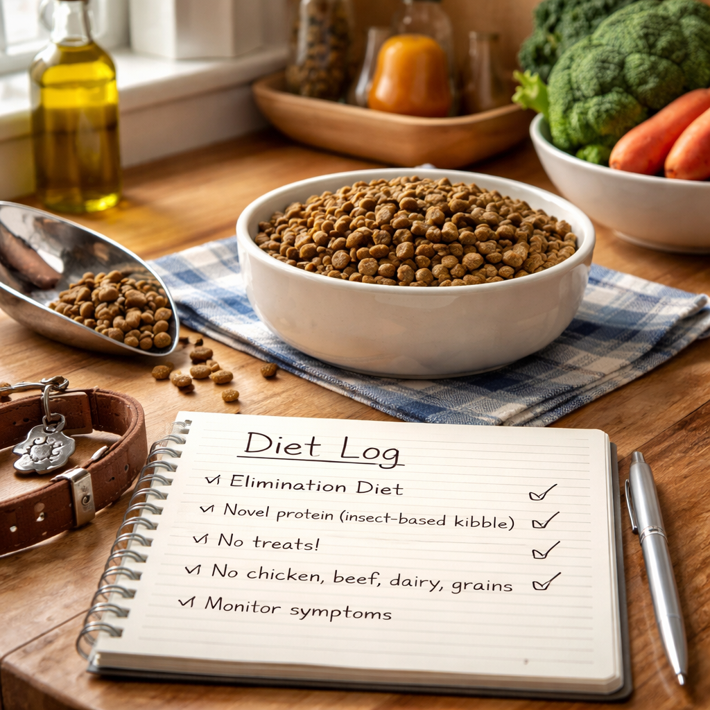 A realistic kitchen scene showing a bowl of novel protein kibble beside a notebook with a diet log. Alt: dog excessive flatulence food intolerance uk elimination diet preparation.
