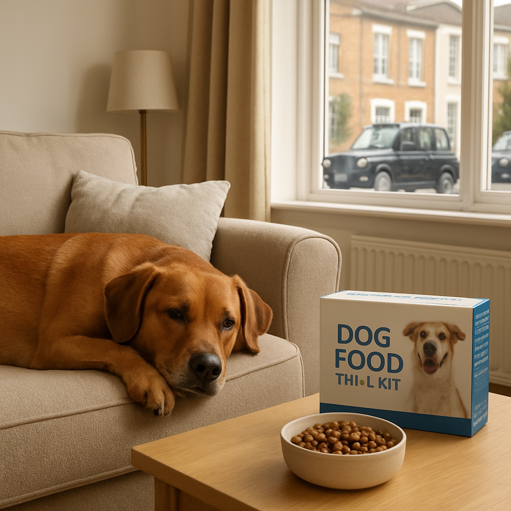 A realistic photograph of a calm, brown‑haired dog resting on a cosy sofa in a bright UK living room, a dog food trial kit visible on a nearby table. The scene conveys a relaxed, domestic setting that appeals to pet owners looking to improve their dog’s health.
