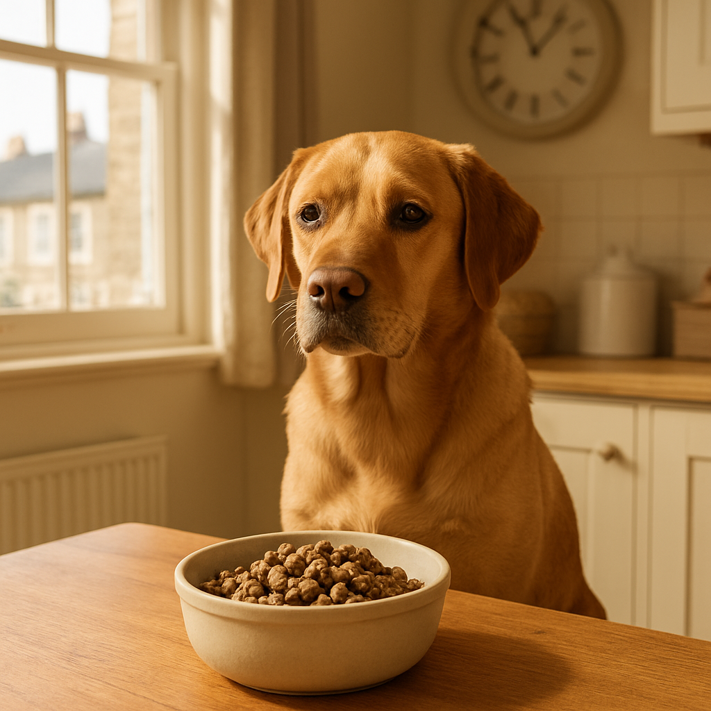 A photorealistic image of a dog sitting beside a bowl of grain‑free dog food on a British kitchen table, sunlight streaming in, with a calm expression on the dog’s face. Alt: dog food for sensitive stomach UK trial