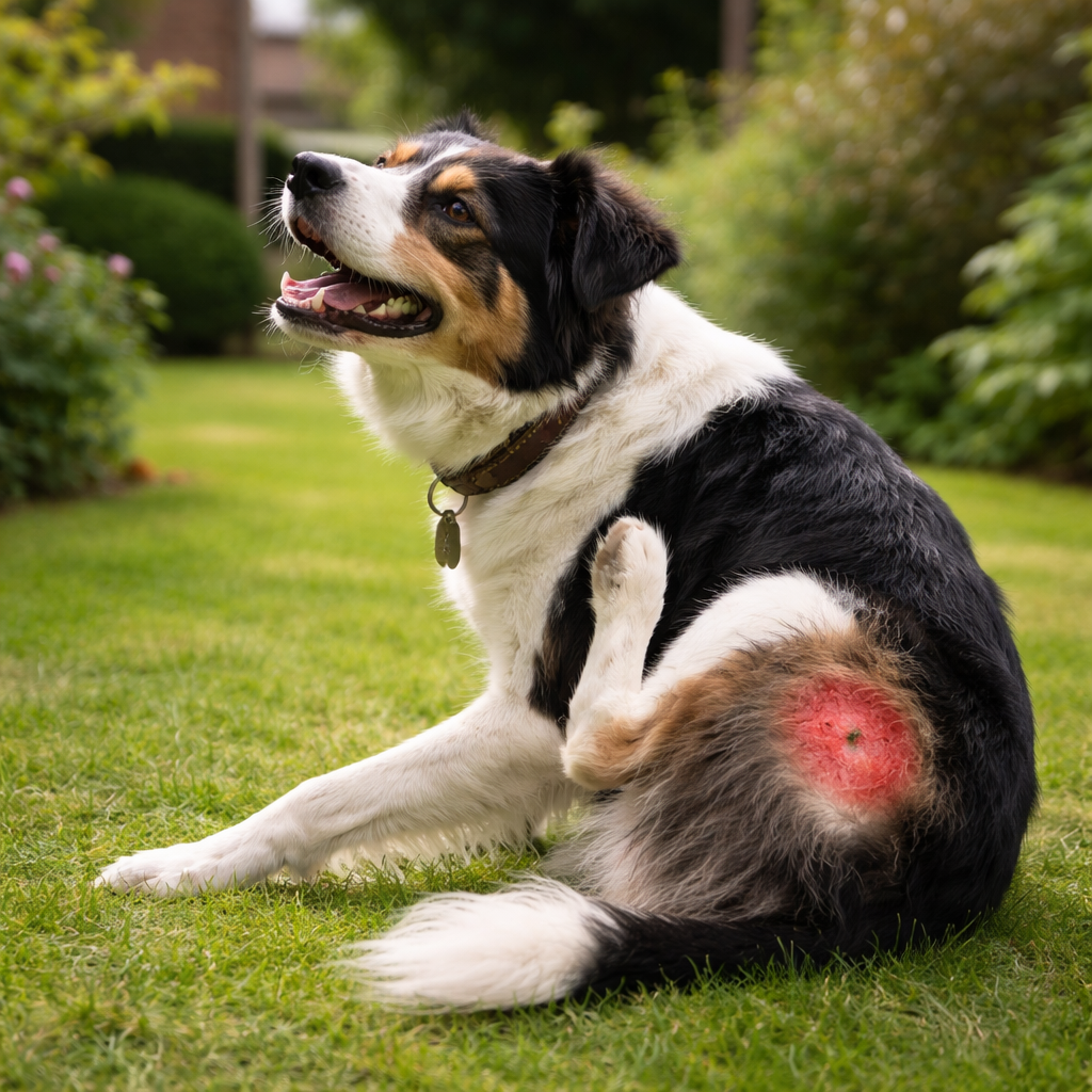 A photorealistic image of a dog scratching at a hot spot on its flank in a British garden, soft natural lighting, showing inflamed skin area, realistic texture of fur and grass. Alt: Dog with itchy hot spot indicating food intolerance symptoms.