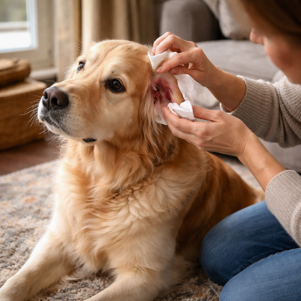 A photorealistic scene of a golden retriever sitting on a cosy British living‑room rug, its head tilted slightly as the owner gently examines its ear with a soft cloth, soft natural light filtering through a nearby window, highlighting the subtle redness of the ear flap and the calm, attentive expression of both dog and owner. Alt: Dog ear infection and odour caused by food intolerance.