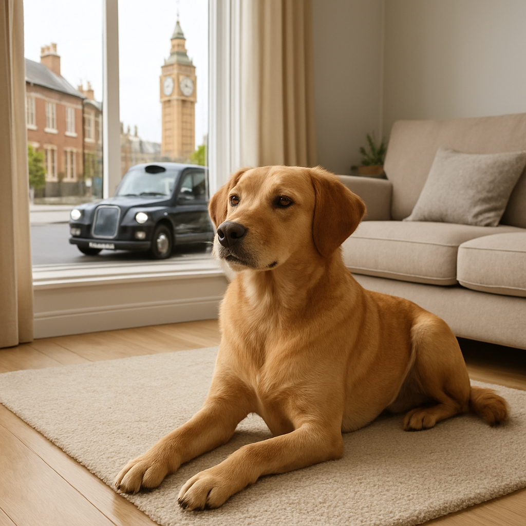 A calm dog sitting on a cosy living room rug, looking content. Alt: A relaxed dog enjoying a home‑made diet.