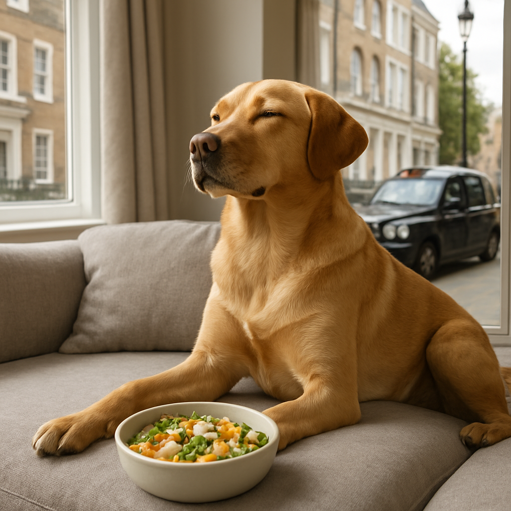A calm dog sitting on a sofa with a bowl of fresh food, looking relaxed. Alt: dog enjoying a new diet after food intolerance test