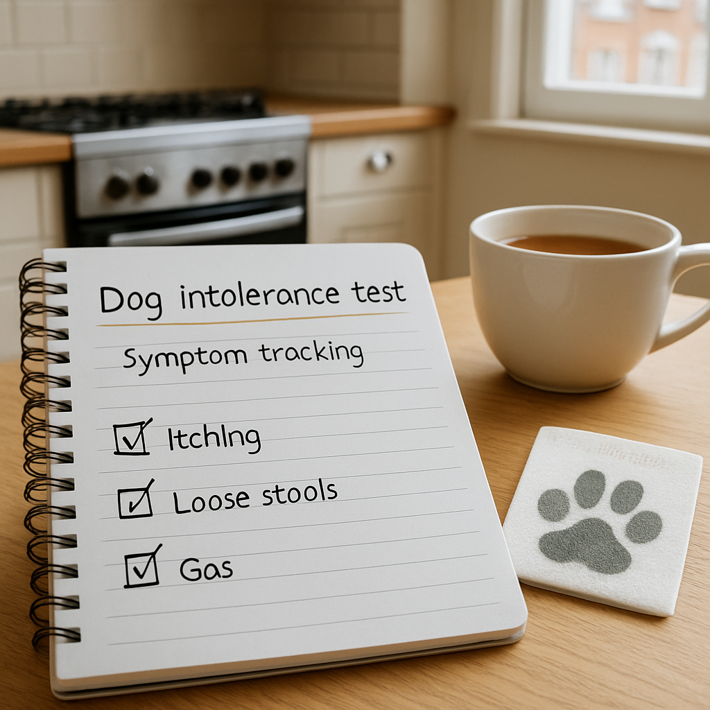A close‑up of a notebook with hand‑written notes of a dog's symptoms alongside a paw‑print sample swab, set on a kitchen table with a cup of tea. Alt: Dog intolerance test UK online – symptom tracking notebook and paw‑print sample.