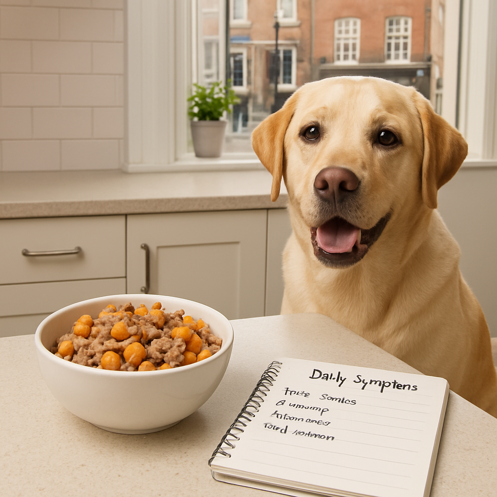 A bright kitchen counter with a bowl of homemade dog food made from duck and sweet potato, a notebook with a daily symptom log, and a happy Labrador looking on. Alt: dog intolerance test uk online tailored diet plan and monitoring improvements