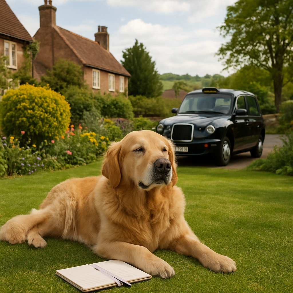 A photorealistic image of a British garden in late spring, showing a golden‑retriever lying on the grass, looking relaxed, with a small notebook and a pen beside it, indicating a symptom diary; the scene captures the calm after identifying a food‑related itching issue, realistic lighting, UK countryside background.