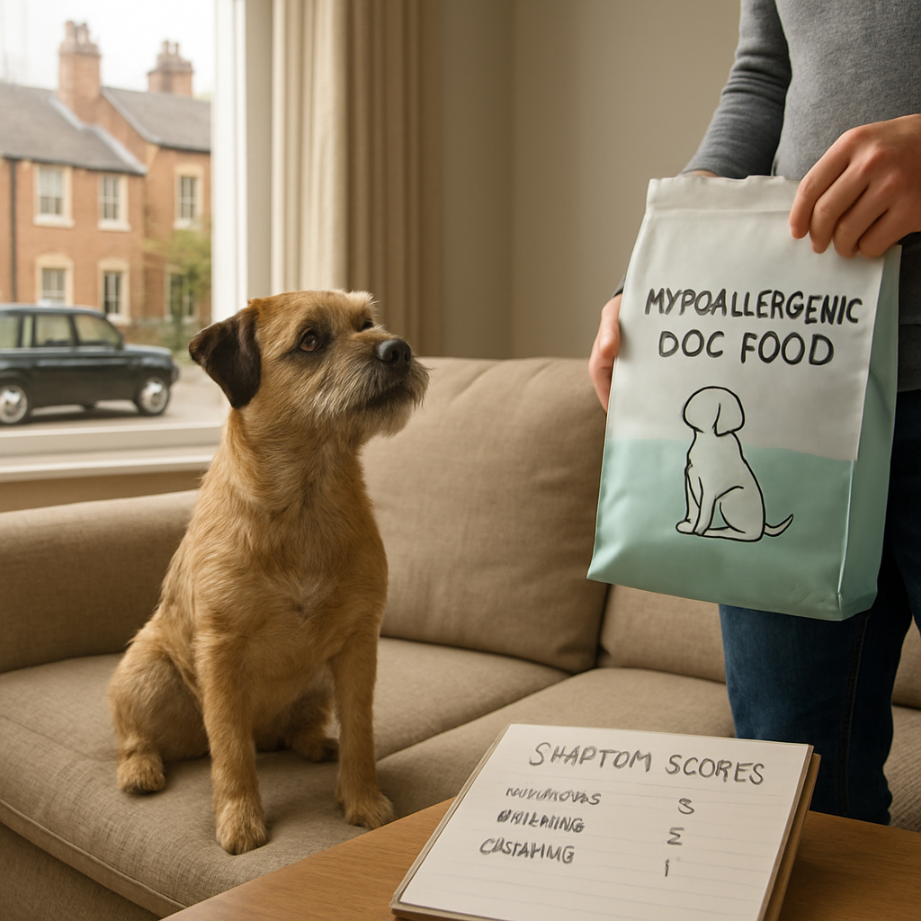 A photorealistic scene of a British terrier sitting on a cosy living‑room sofa, looking up at its owner who holds a bag of hypoallergenic dog food, a notebook with symptom scores on the coffee table, soft natural light through a window showing a typical UK home. Alt: dog itching food sensitivity uk – choosing hypoallergenic dog food