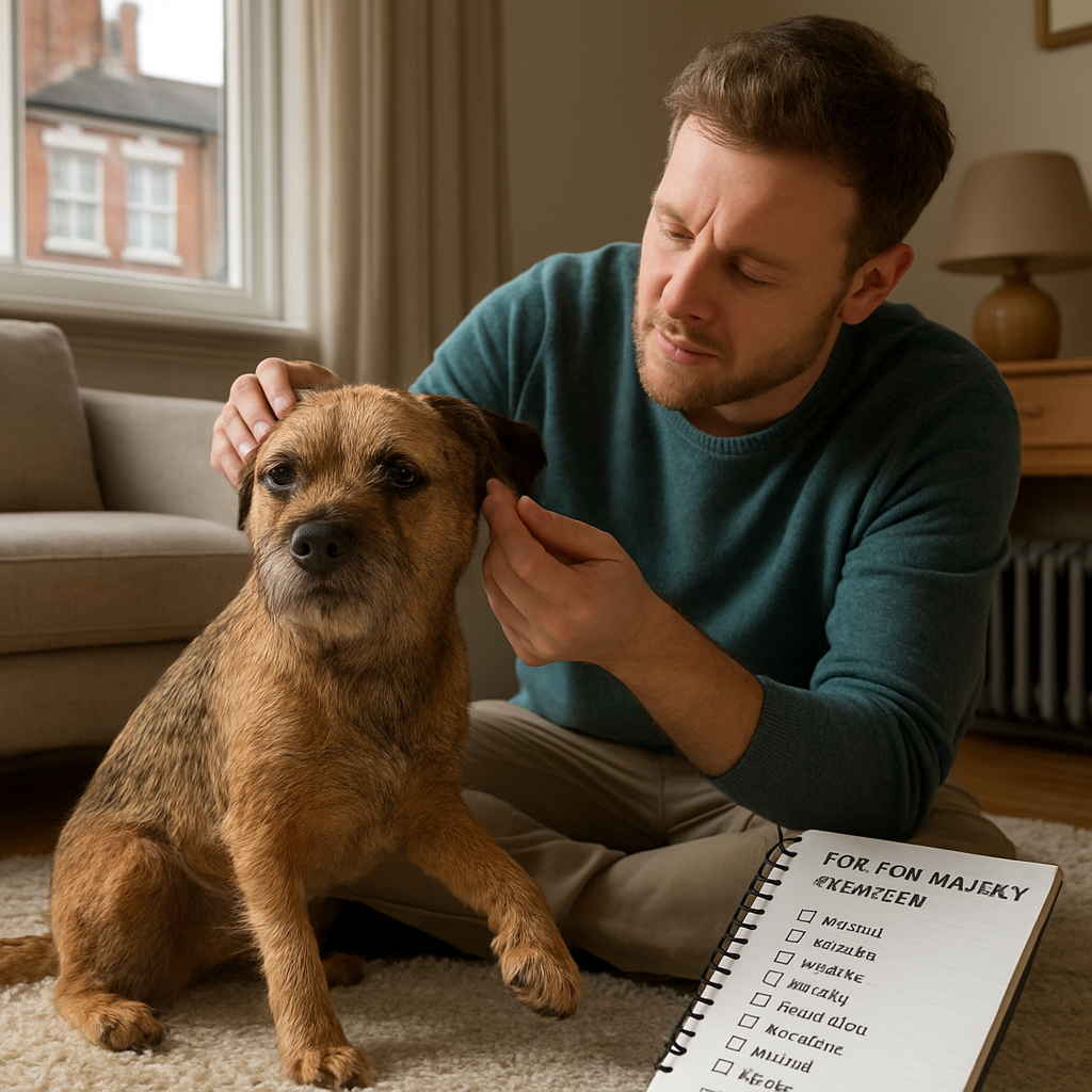 A photorealistic scene of a British terrier sitting on a cosy living‑room rug, owner gently inspecting the dog's paw and ear with a notebook beside them, natural light streaming through a window, UK home setting. Alt: Dog skin allergy symptoms checklist in a UK home.