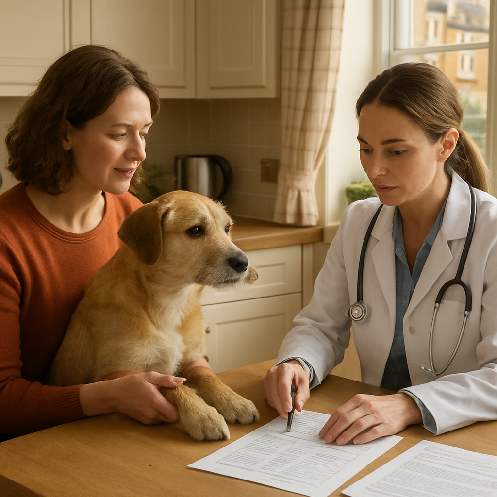 A photorealistic scene of a British family in a cosy kitchen, the owner holding a dog’s paw while a veterinarian in a white coat reviews a printed food diary and lab test results on the table, soft natural light from a nearby window, reflecting a calm, supportive atmosphere. Alt: Dog skin allergy food uk – owner and vet discussing diagnostic results.