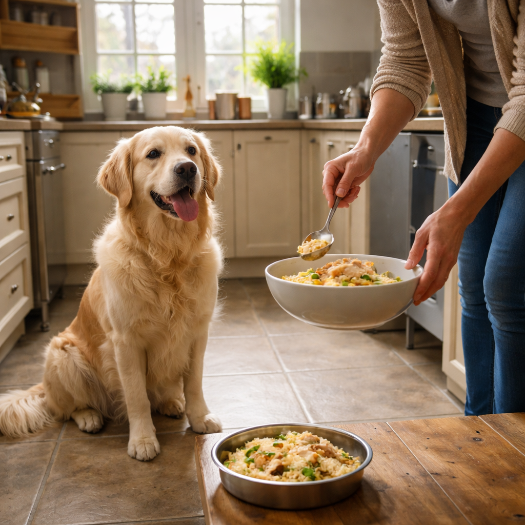 A photorealistic scene of a British kitchen with a golden retriever sitting beside a shallow bowl of boiled chicken and rice, owner measuring portions with a spoon, soft natural light from a window, realistic style. Alt: dog vomiting after new diet uk – choosing the right food for long‑term health