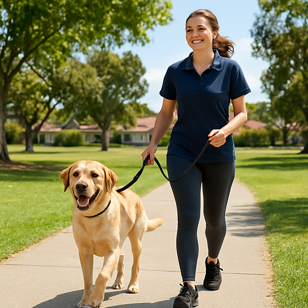 A sunny suburban park with a happy dog on a leash walking alongside a professional dog walker, both smiling. Alt: Dog walking service in Australia, happy dog and walker in park.