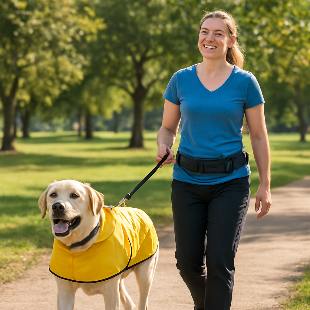 A dog walker in a bright, sunny park wearing a waist‑mounted walking belt, holding a sturdy leash attached to a happy Labrador wearing a raincoat. Alt: Safe dog walking services with professional equipment and trained walkers in Australia.