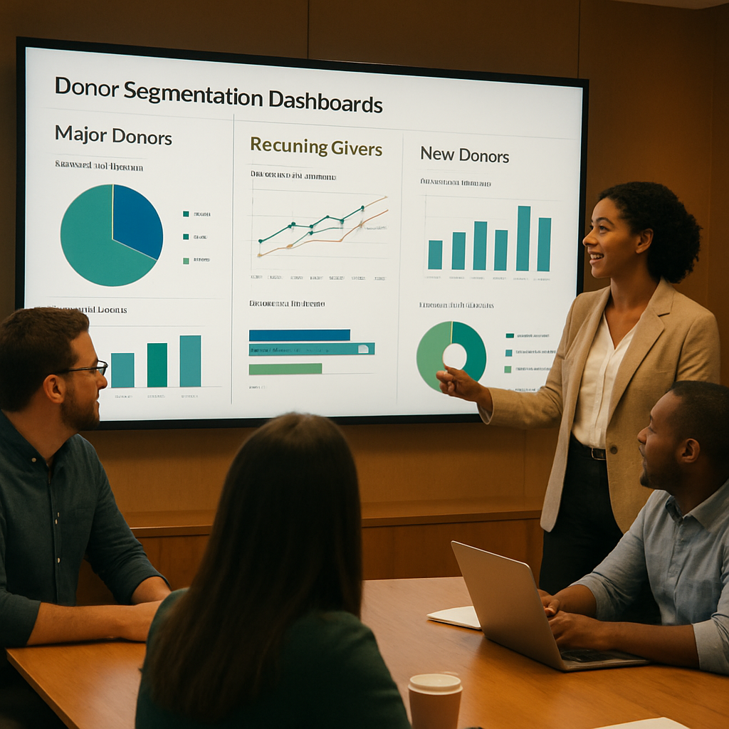 A photorealistic conference room scene where a nonprofit team analyzes donor segmentation dashboards on a large screen, showing segments like Major Donors, Recurring Givers, and New Donors, with warm office lighting and a collaborative mood. Alt: Donor segmentation dashboards guiding personalized outreach.