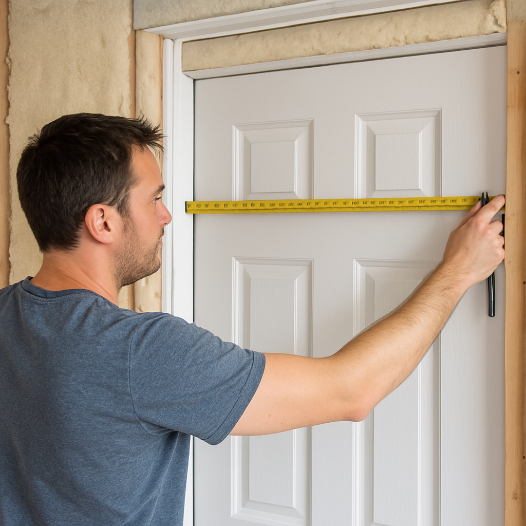 A homeowner measuring a door jamb with a tape measure, surrounded by insulation foam panels. Alt: Measuring door jamb for insulation installation.