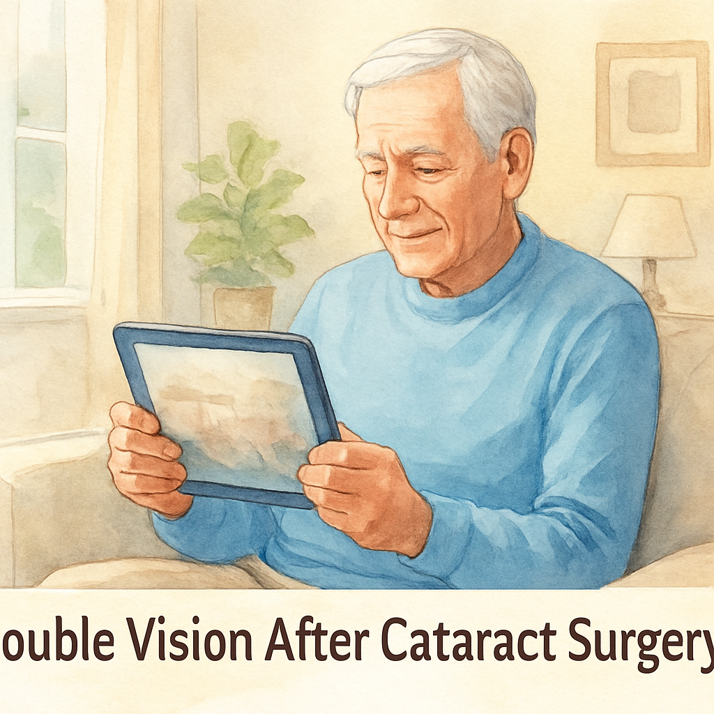 A senior patient seated comfortably in a bright, modern living room, using a tablet while a subtle double‑vision effect is illustrated overlayed on the screen. Alt: Double vision after cataract surgery causes – visual explanation of causes and coping strategies.