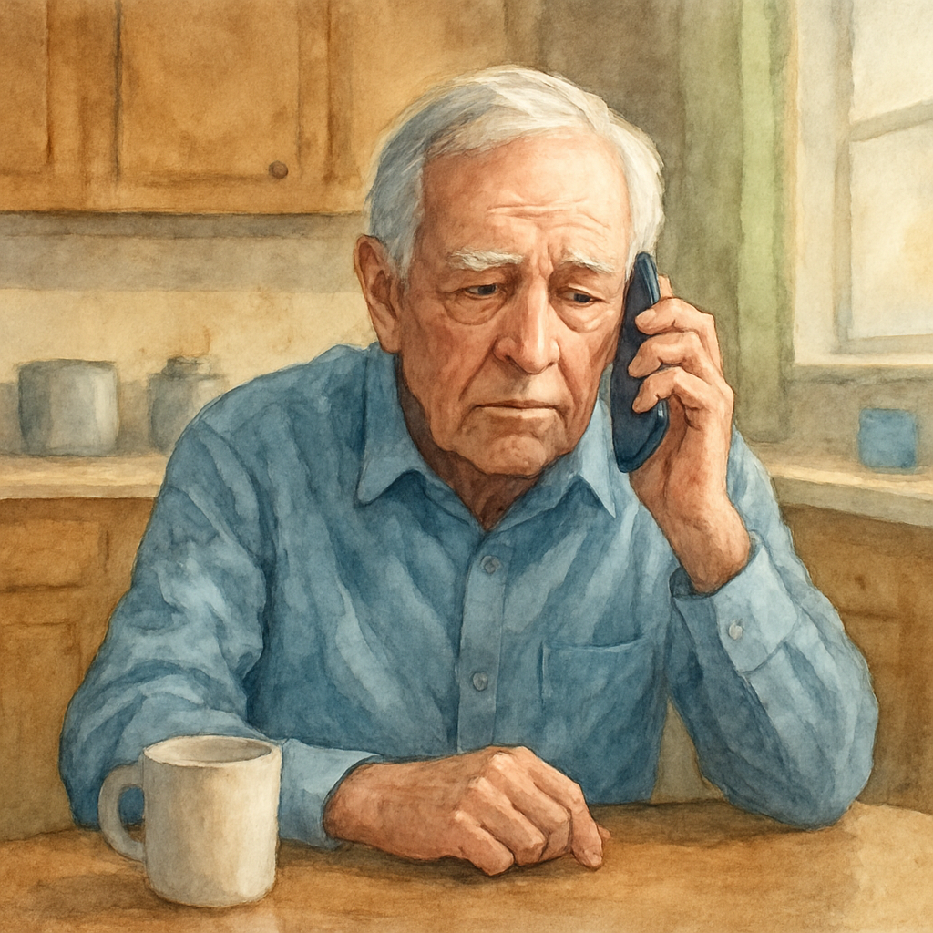 A senior patient sitting at a kitchen table, holding a phone to call the eye clinic, with soft ambient lighting that reduces glare. Alt: “patient calling eye surgeon for urgent double vision after cataract surgery