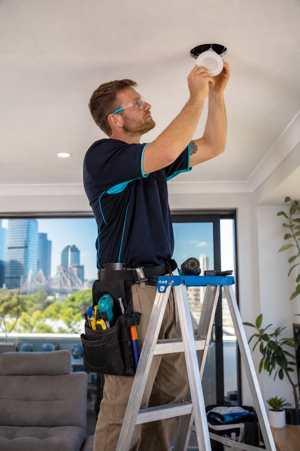 A realistic photo of a licensed electrician in Brisbane wearing safety gear, working on a downlight installation in a residential ceiling, with tools and a ladder. Alt: Licensed electrician installing a downlight in a Brisbane home.