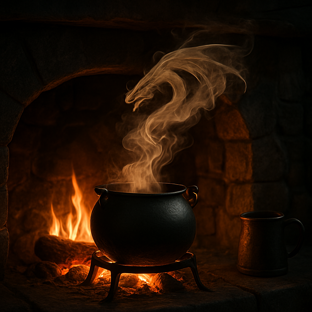 A cozy, stone‑walled hearth with a glowing pot of coffee, steam swirling like a dragon’s breath. Alt: Dragon‑themed coffee brew in a medieval hearth.