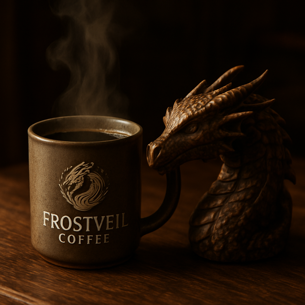 A steaming mug of Frostveil coffee on a wooden table beside a dragon‑shaped mug. Alt: Dragon coffee tasting note.