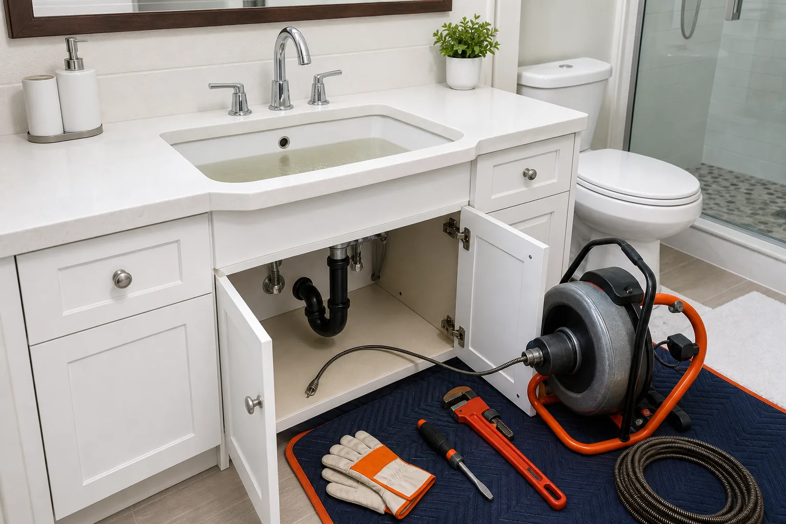 plumber assessing a clogged bathroom drain in Aliso Viejo