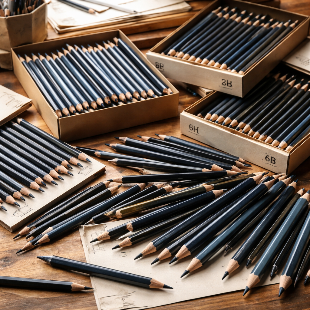 A realistic desk with piles of drawing pencils of various grades, some scattered, some in boxes, showing a range from hard to soft leads. Alt: drawing pencils bulk cheap price variety.