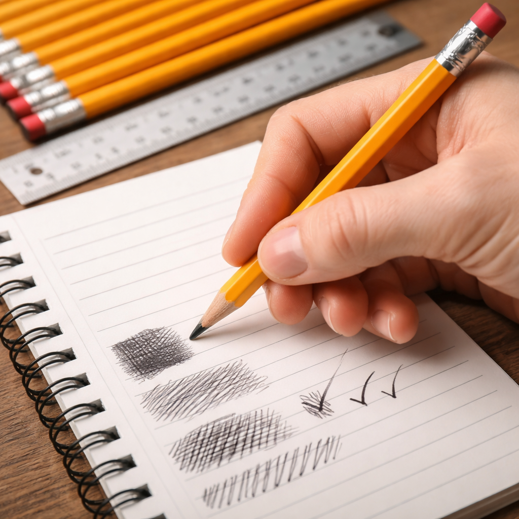 A close‑up of a hand holding a single graphite pencil, with a background of a notebook and a ruler, illustrating the act of testing a sample pencil. Alt: drawing pencils bulk cheap price sample evaluation.