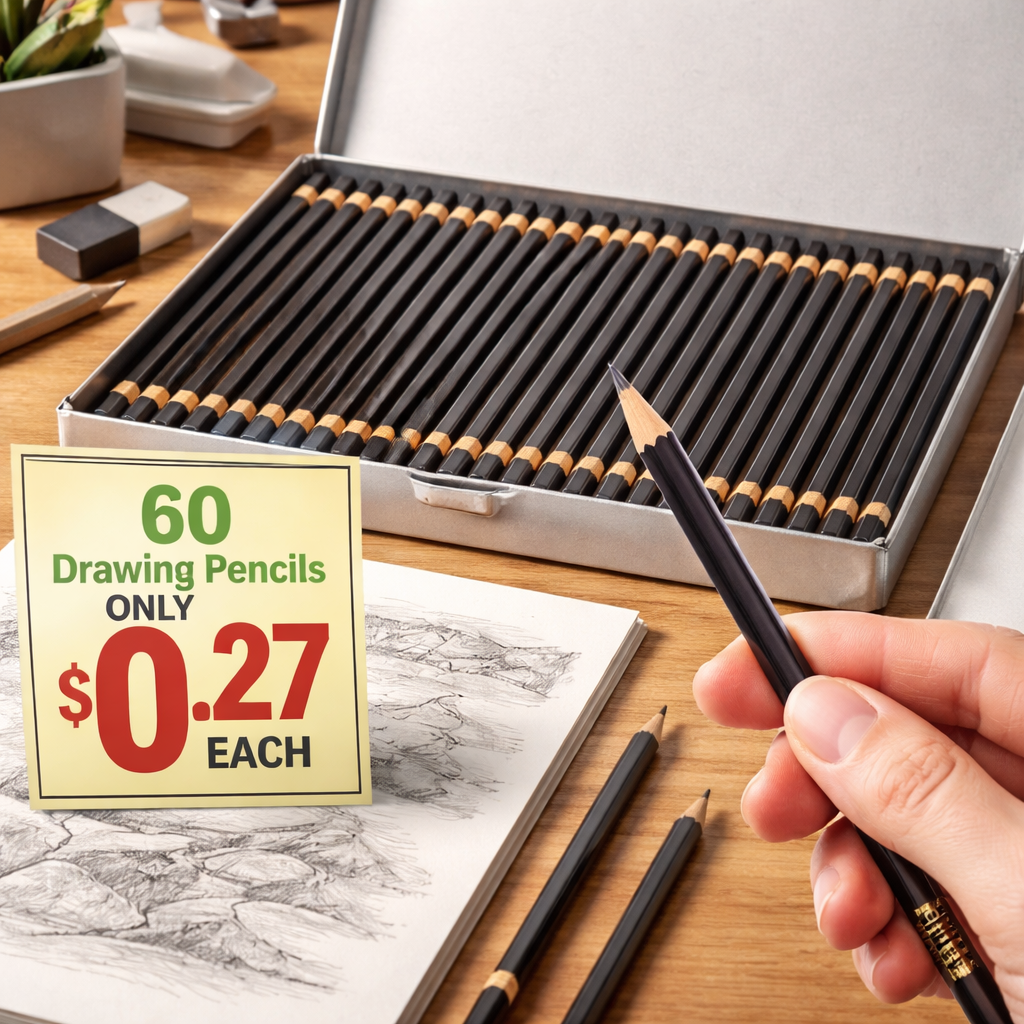 A photorealistic scene of a desk with an open box of 60 drawing pencils, a price tag showing $0.27 per pencil, and a hand holding a single pencil, highlighting a bulk discount. Alt: drawing pencils bulk discount bulk pack price per pencil.